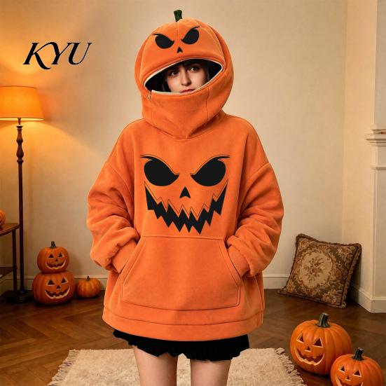 Holiday Party Apparel Women Oversized Halloween Pumpkin Hoodie, Fall Long Sleeve Hooded Casual Top Sweatshirt with Pocket, Jack-O-Lantern Costume