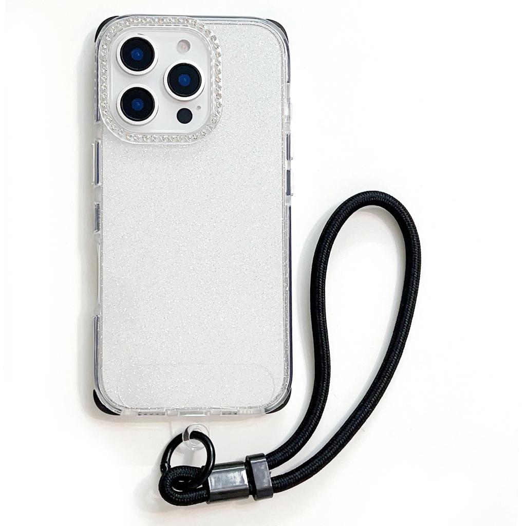 For iPhone 16 Pro Case Rhinestone Decor Glitter TPU Anti Drop Phone Cover with Adjustable Wrist Strap