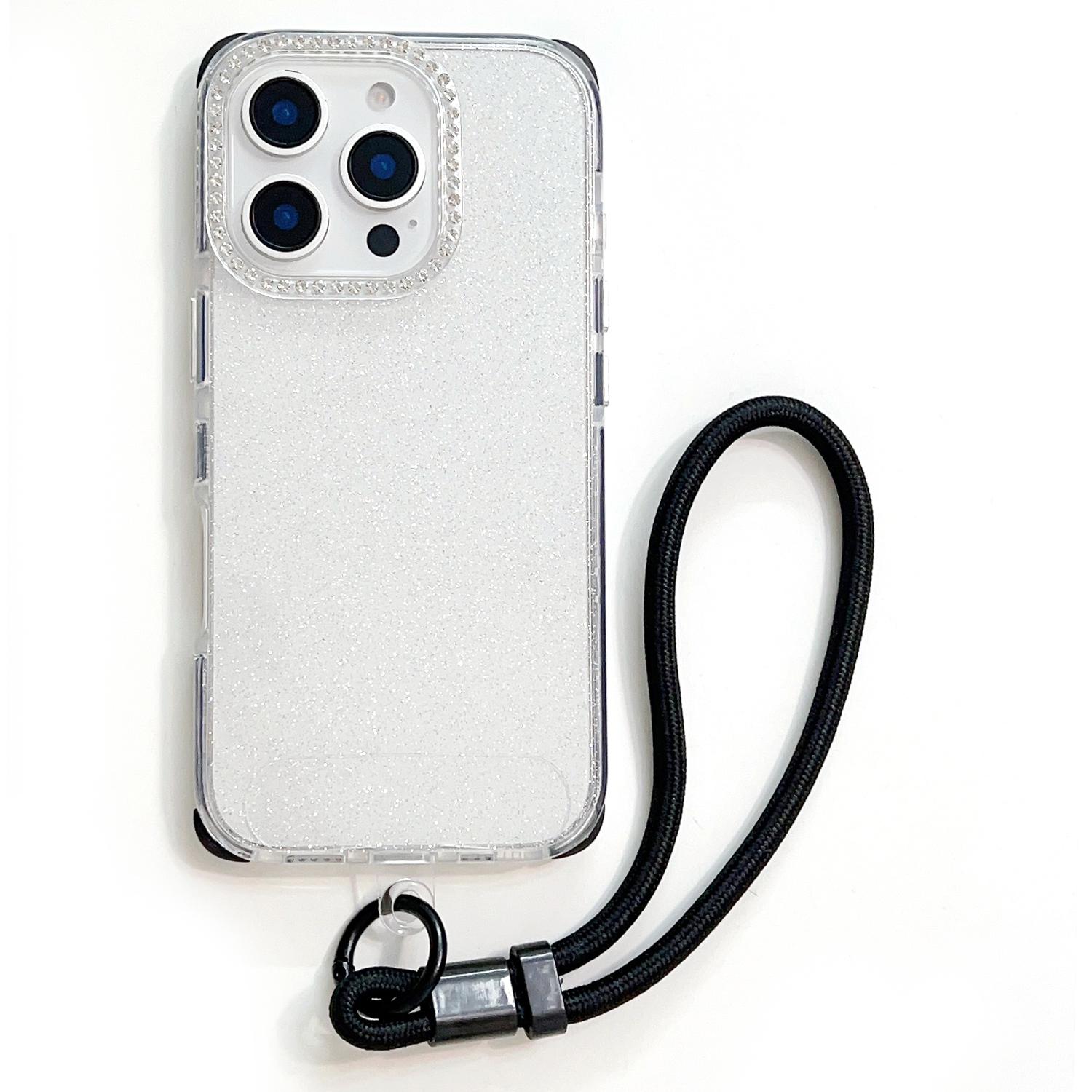 

For iPhone 16 Pro Case Rhinestone Decor Glitter TPU Anti Drop Phone Cover with Adjustable Wrist Strap Black