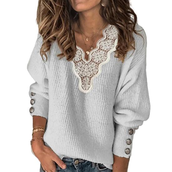 Maglione da Donna Autunno Inverno Manica Lunga Patchwork di Pizzo Scollo a V Bottoni