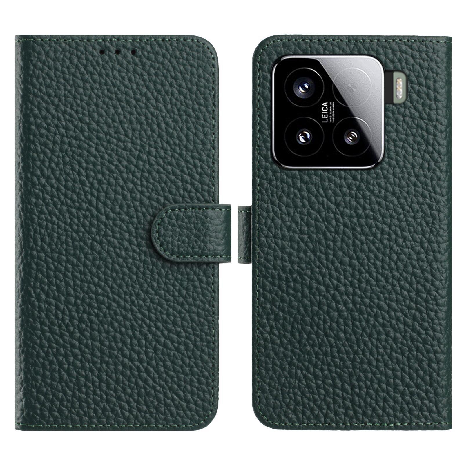

For Xiaomi 15 Case Wallet Stand Litchi Texture Genuine Cow Leather Flip Phone Cover Green
