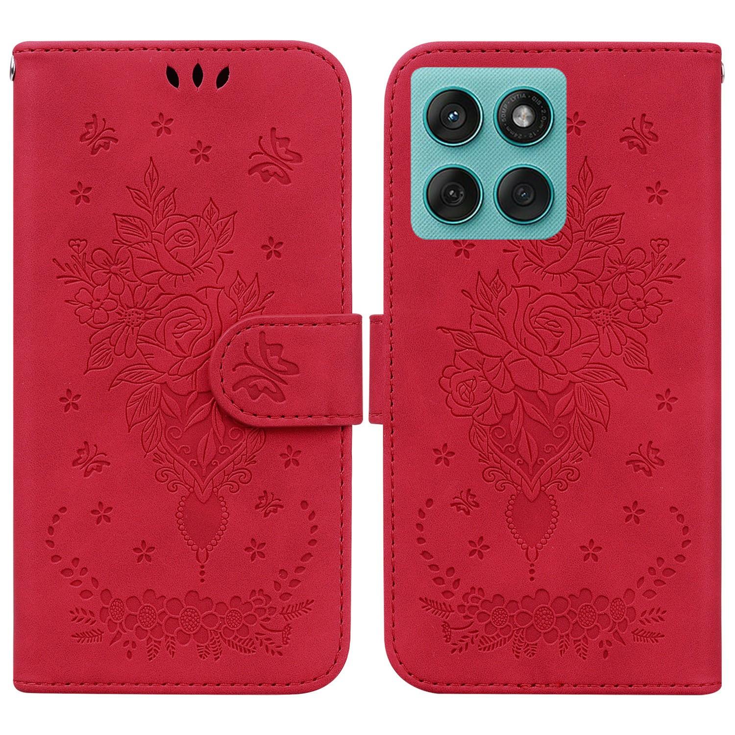

For Motorola Edge 60 5G/60 Fusion 5G Case PU Leather Wallet Phone Cover Butterfly Flower Imprint Red