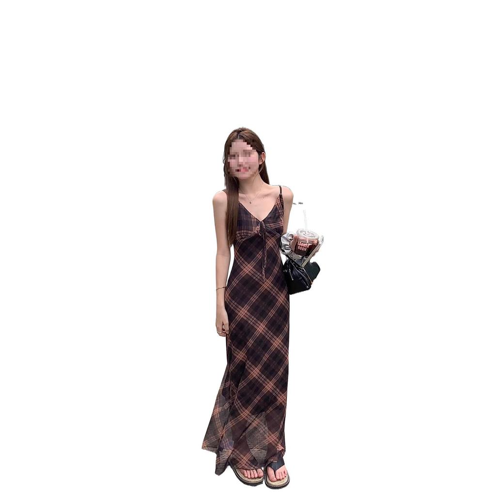 New Design Mesh Dress Women's Summer Spice Girl Waist Retro Plaid Suspender Skirt A-word Long Dress Ins
