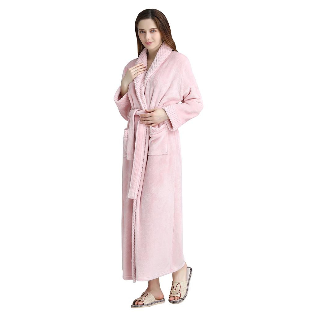 Women Solid Thicken Velvet Robe Bathrobe Gown Pajamas Sleepwear Pocket Waistband