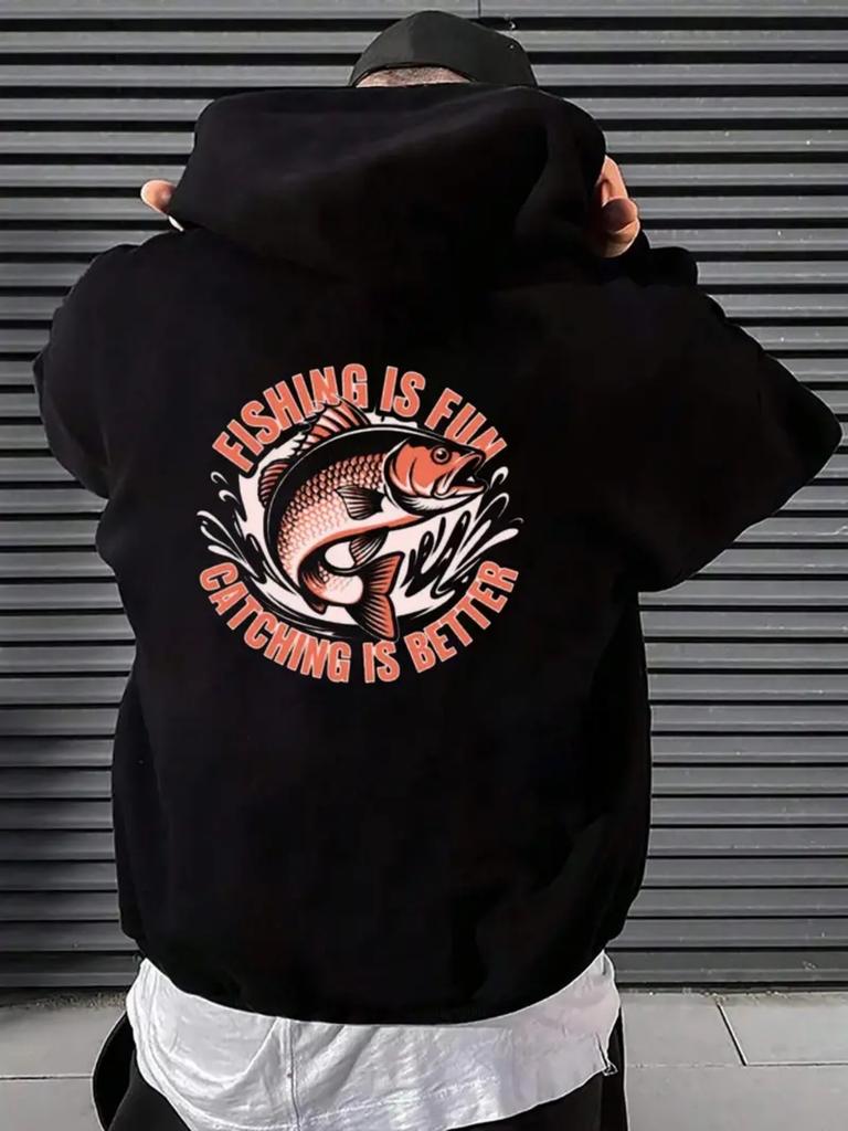 Fishing Is Fun Catching Is Better Graphic Black with Red Fish Pri250g Heavyweight Pullover with Pocket Adjustable Drawstring for U