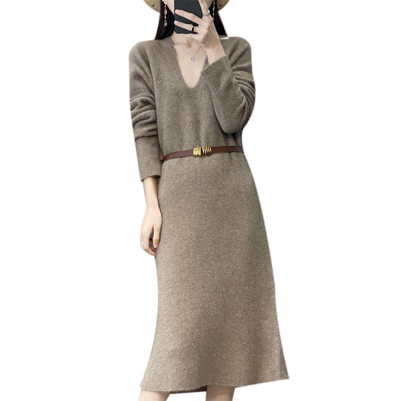 Abito-Maglione in Maglia di Cashmere a Manica Lunga con Scollo a V Slim Fit per Autunno e Inverno