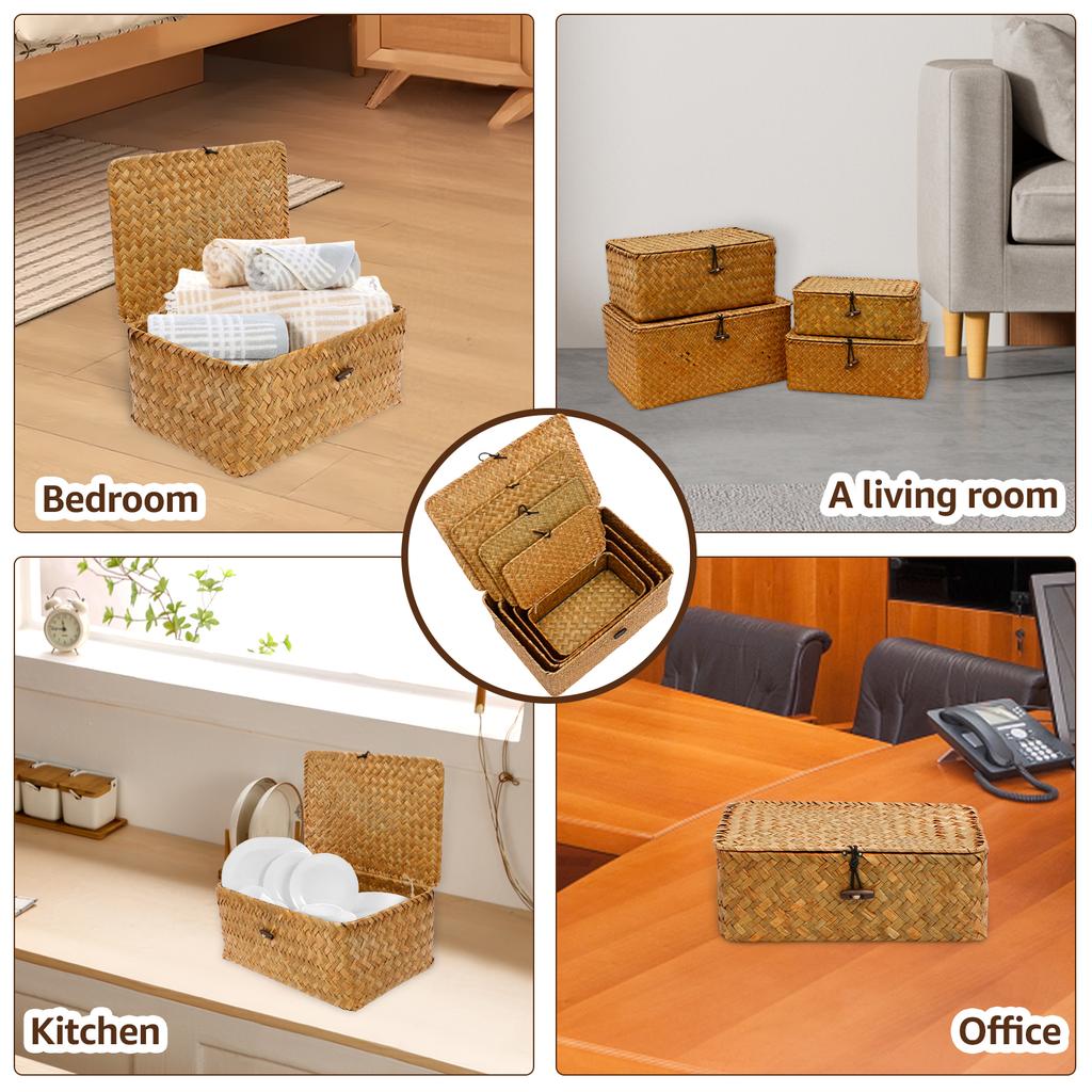 4Pcs Seagrass Rattan Storage Bin Household Clothes Toy Storage Box for Living Room Table Sundries Organizers Basket