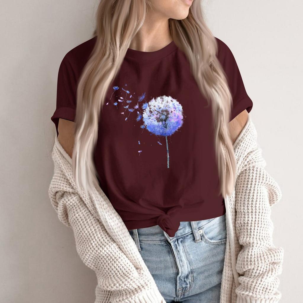 Women's Fashion Casual Printed Round Neck Short Sleeved Pullover T-Shirt Top