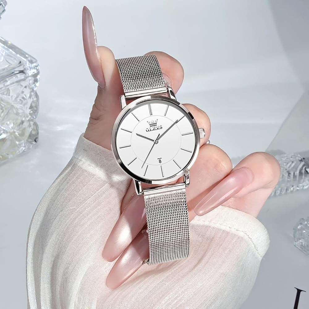 OLEVS Women's Minimalist Casual Watch Leather Band Waterproof Analog Quartz with Date Calendar Silver Mesh Strap