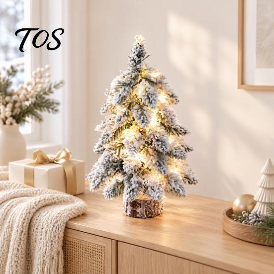 Indoor Small Decorative Pine Trees Mini Flocked Christmas Tree with LED Lights, Tabletop Nordic Holiday Party Home Office Decoration Wood Base, Rustic