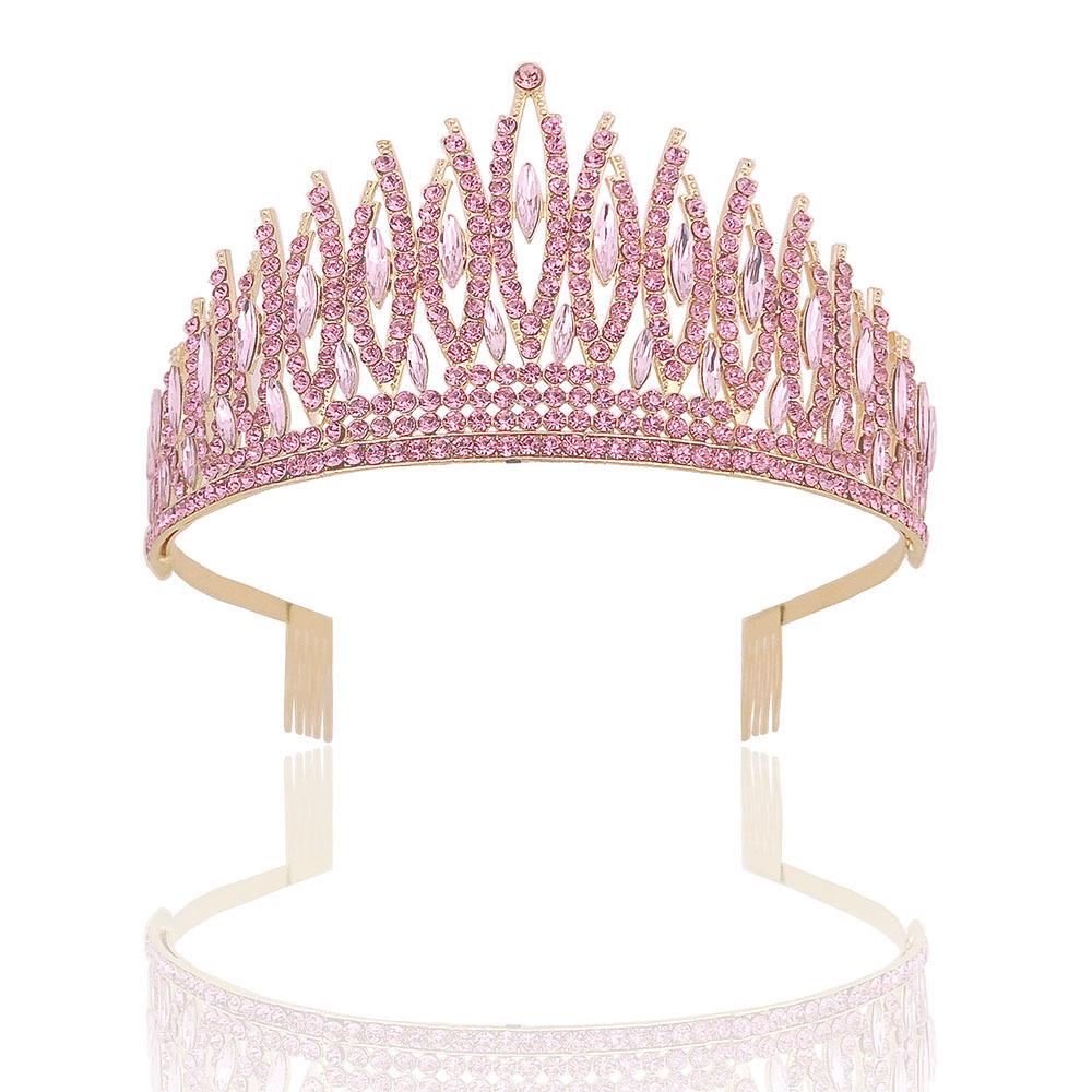 New Pink Crystal Rhinestone Bridal Crown with Headband Bridal Headwear Hair Accessories for Women