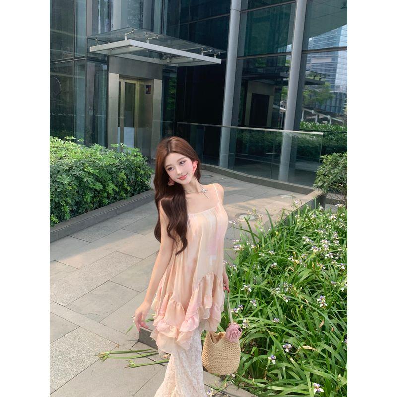 Kumikumi Pure Desire Style Set Flower Blooming Sling Women Summer Sexy Lace Casual Pants Two-piece Set