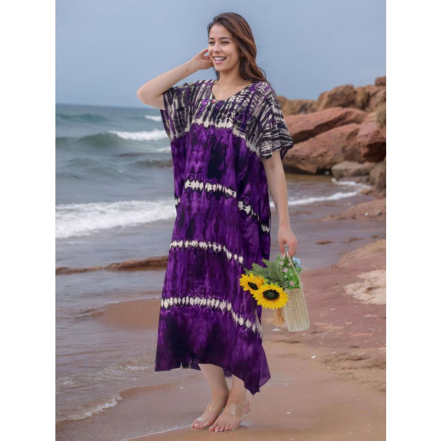 Women's Tie Dye Print Beach Cover Up Loose Flowy Long Kaftan Robe, Open Front Swimwear Shirt 0993