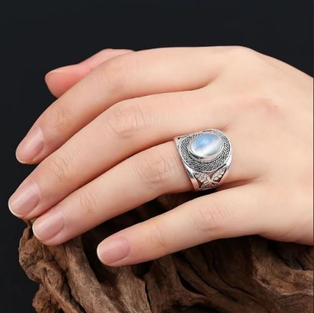 

Натуральный Радужный Лунный Камень Драгоценный Камень Цельное Серебро 925 пробы Ручной Работы Бохо Дизайнерское Заявление Свадебный Подарок Кольцо 11