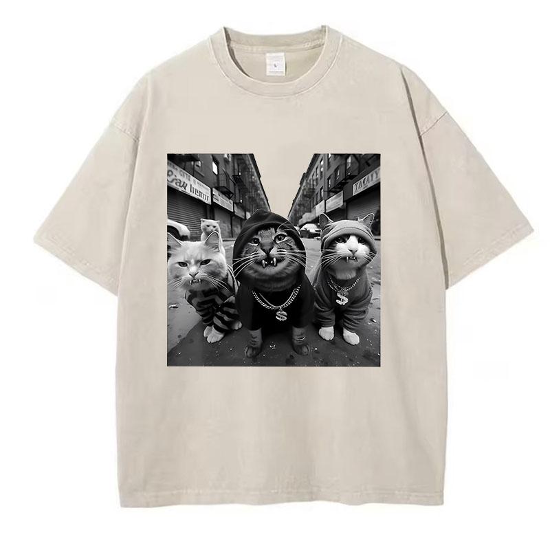 Streetwear Cat Hip Hop T Shirt Vintage Washed Cotton T-Shirt Graphic Tee Casual Streetwear Spring Summer Tee