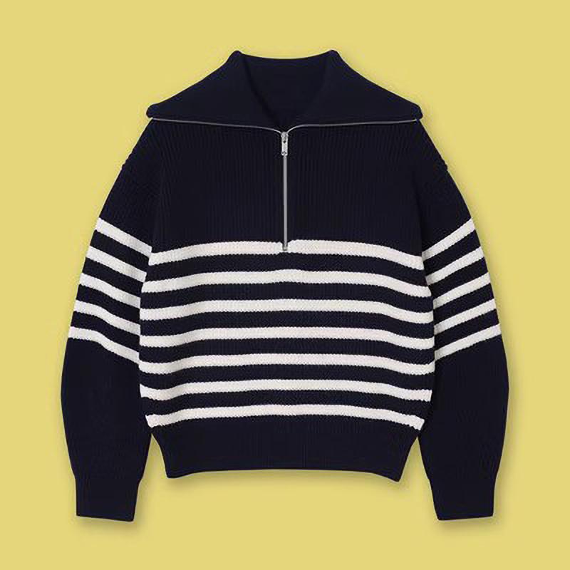 Damen Rollkragen Locker Revers Gestreifte Strickware Damen Pullover Halber Reißverschluss Lässig Mode Damen Pullover