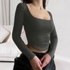 Dámský crop top se čtvercovým výstřihem, dlouhým rukávem, slim fit, pletené krátké tričko, jednobarevný elastický pulovr, top, klubová párty halenka