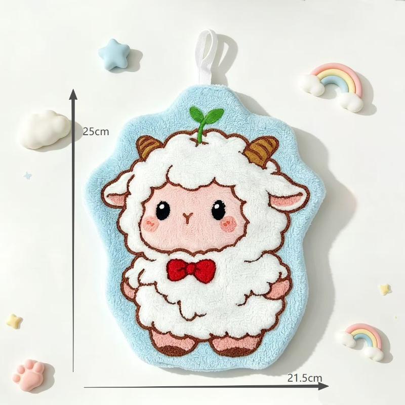 Cute Sheep Shaped Hand Towel Super Absorbent Soft Coral Fleece With Loop For Bathroom Kitchen Use