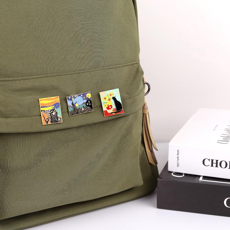 Cats in Oil Painting Enamel Pin Custom Funny Black Kitten Sunflower Brooch Lapel Badge Animal Jewelry Gift for Kids Friends