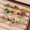MamacitaSlay Unique 18K Gold Plated Stainless Steel Natural Stone Opening Ring Waterproof Jewelry Women's Retro Elegant Jewelry