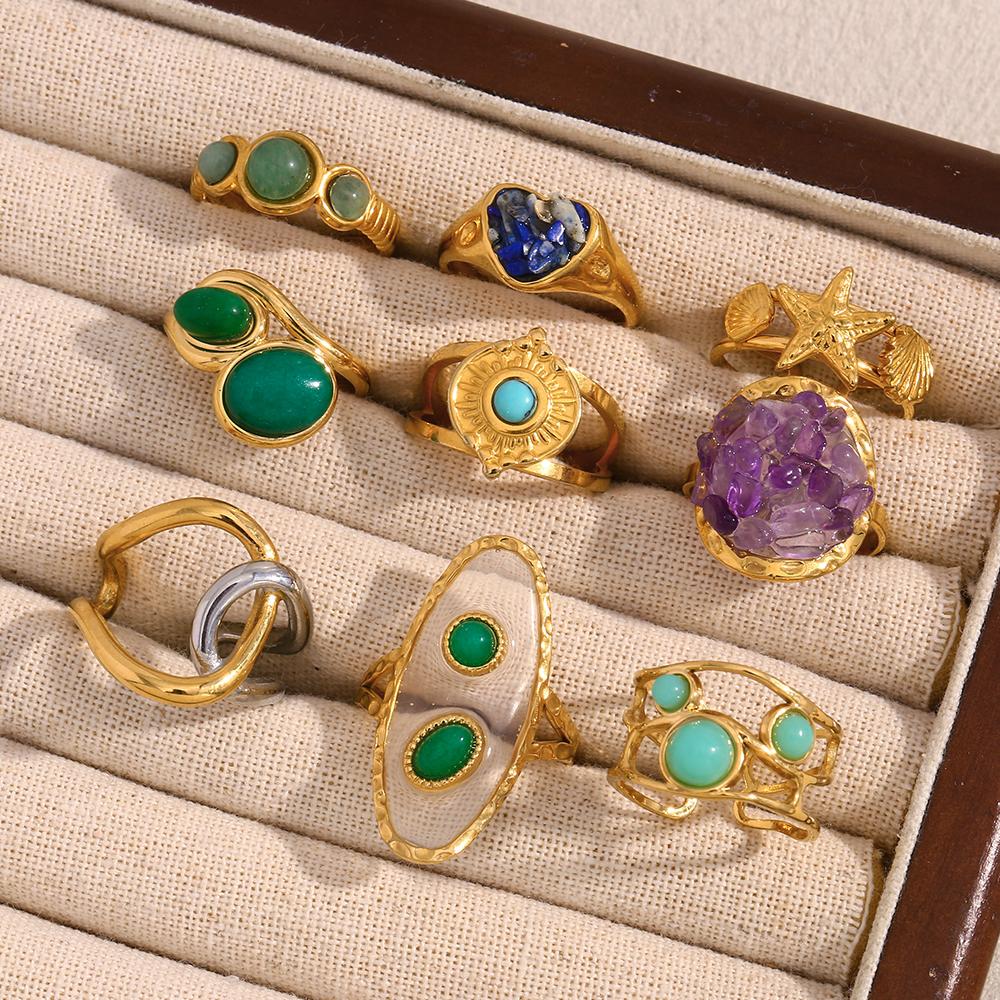 MamacitaSlay Unique 18K Gold Plated Stainless Steel Natural Stone Opening Ring Waterproof Jewelry Women's Retro Elegant Jewelry