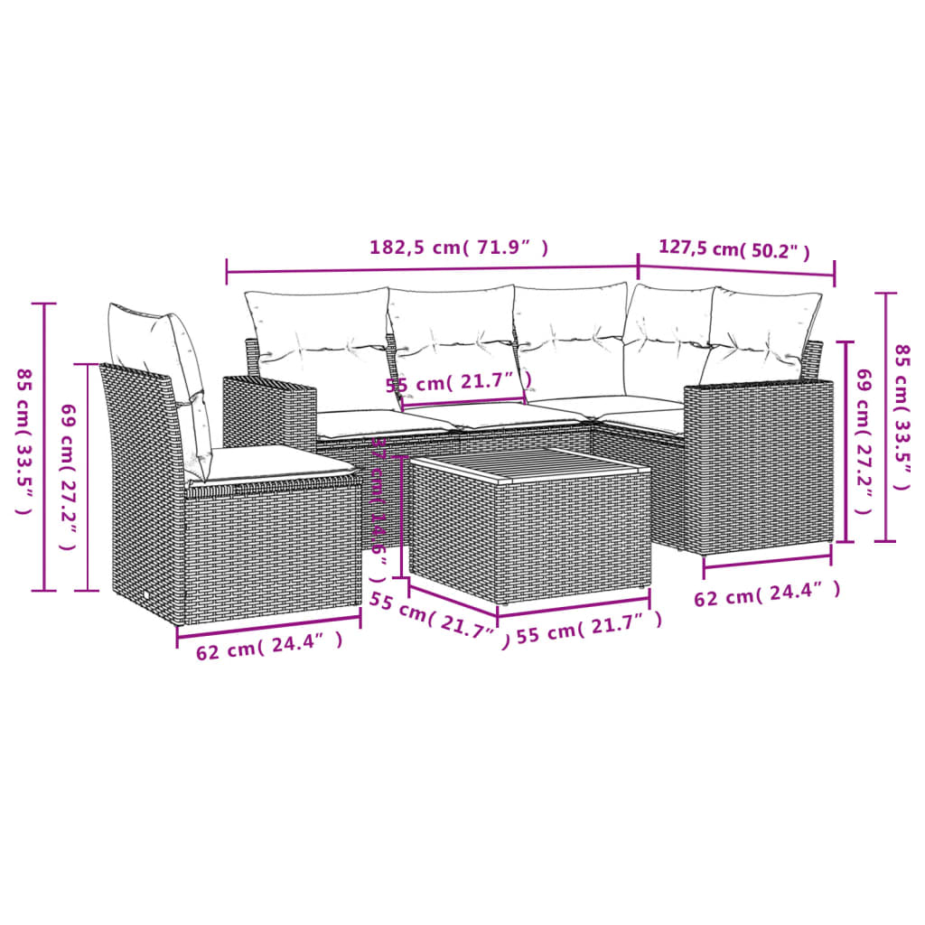 6 Piece Garden Sofa Set with Cushions Gray Poly Rattan