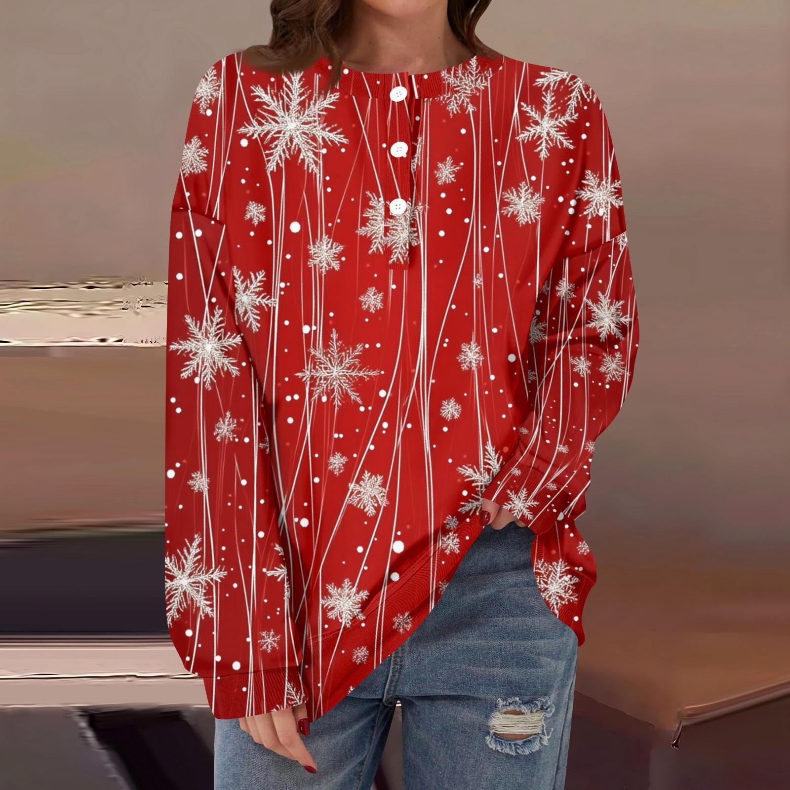 

Женская повседневная мода, удобная рождественская футболка с длинным рукавом, круглым вырезом, пуговицами, свободным подолом и боковыми разрезами XL винный