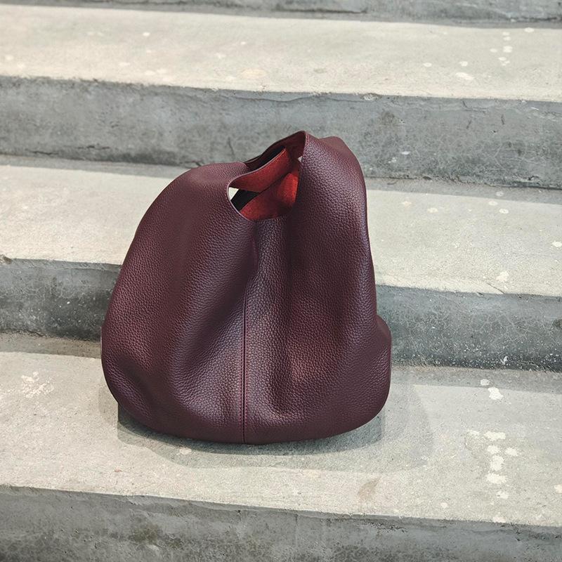 Genuine Cowhide Lychee Pattern Underarm Shoulder Bag Lightweight Travel Tote Handbag for Women
