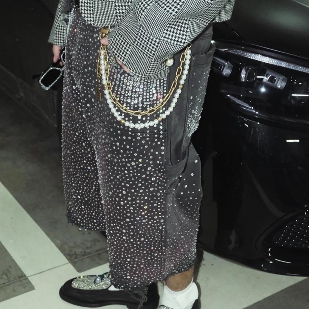 Streetwearové volné džínové šortky s celoplošným potiskem z kamínků pro muže, s roztrhanými dírami, prané, krátké, ležérní, volné, pětikapsové