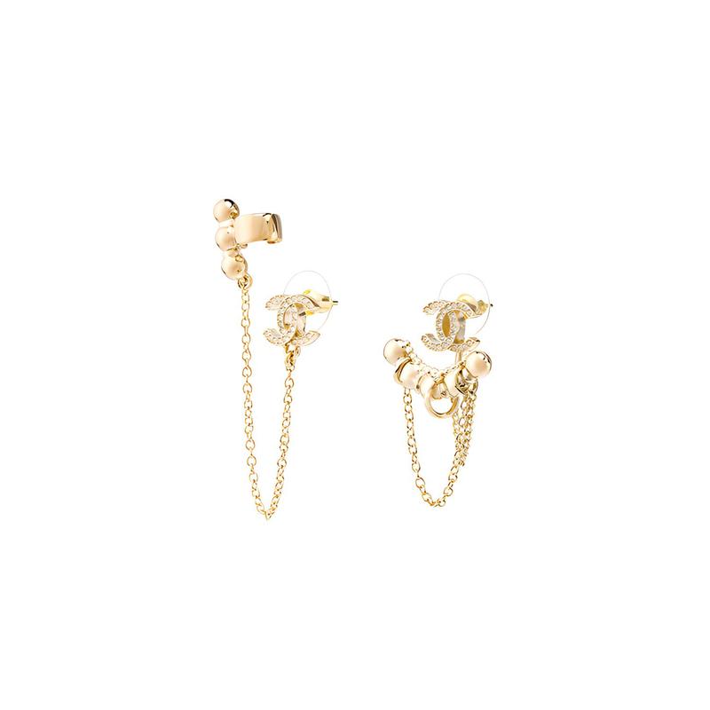 CHANEL Metal Double C Crystal Metal Earrings Women's Gold
