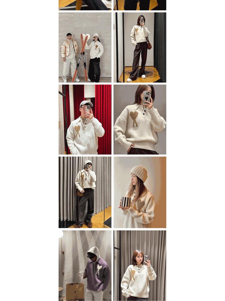 AMI Unisex Big Heart Jacquard Knit Polo Sweater