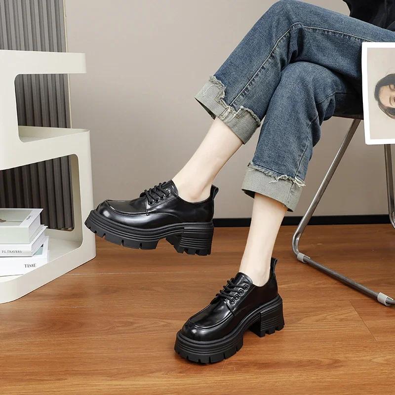 2024 Women's Spring and Autumn New Casual Retro Shoes Thick Heel Thick Sole Women's Shoes British Style Small Leather Shoes