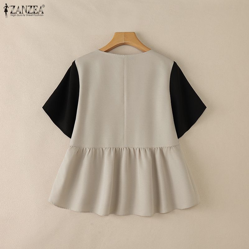 ZANZEA Women Casual V-Neck Patchwork Short Sleeve Loose Blouse