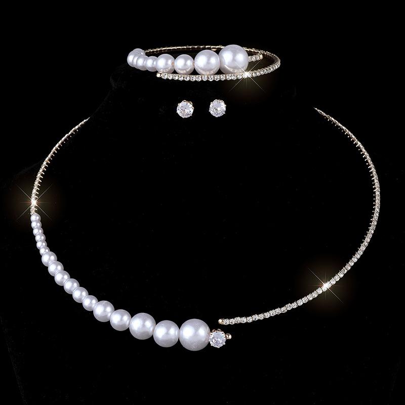 Koreanisches Braut-Funkel-Strassschmuck-Set, rundes Voll-Diamant-Armband, Ohrringe, Halskette Dreiteiliges Set