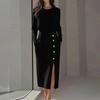 Women's Fashionable Long Sleeved Mature Style Solid Color Round Neck Cinched Waist Slit Metal Button Zipper Dress