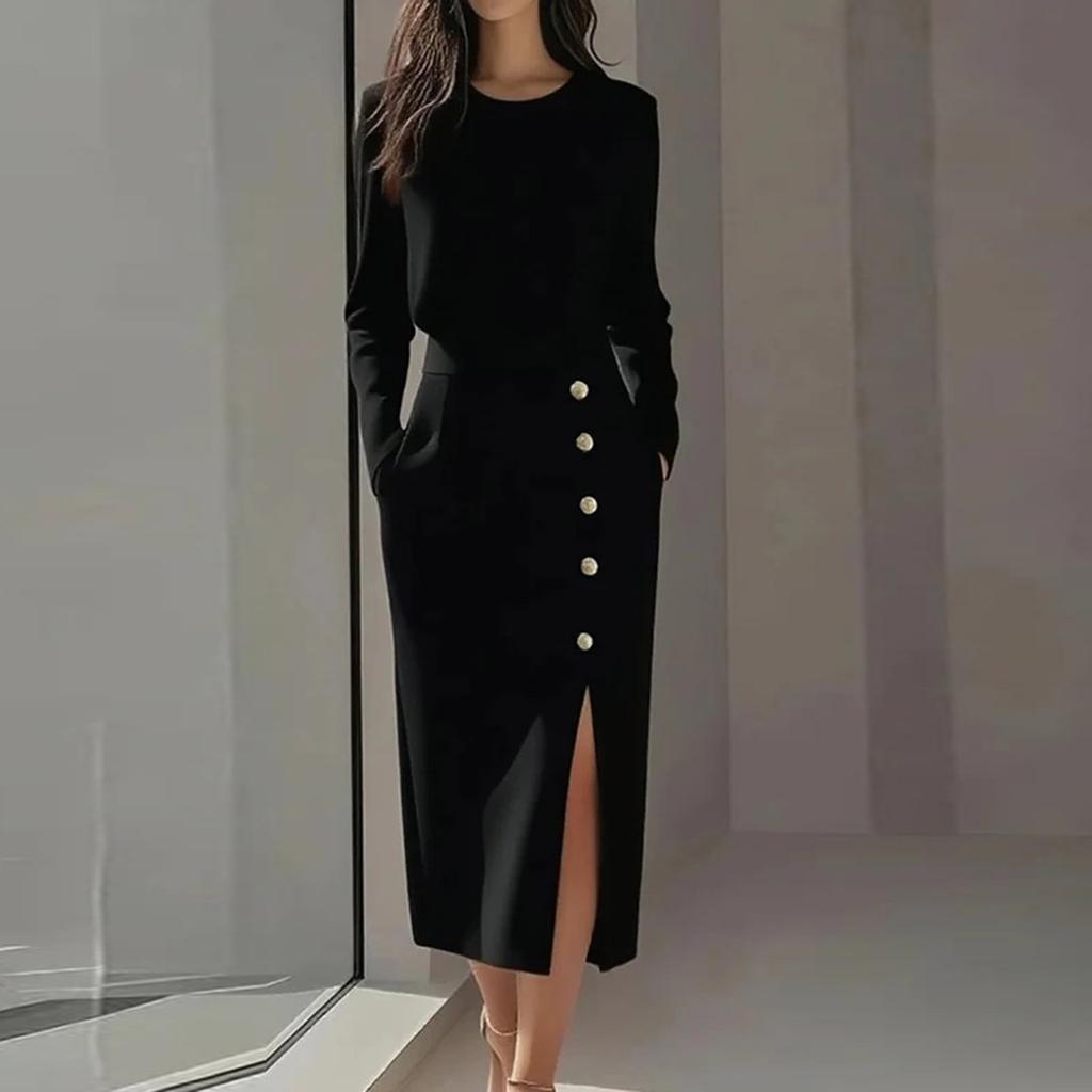 Women's Fashionable Long Sleeved Mature Style Solid Color Round Neck Cinched Waist Slit Metal Button Zipper Dress