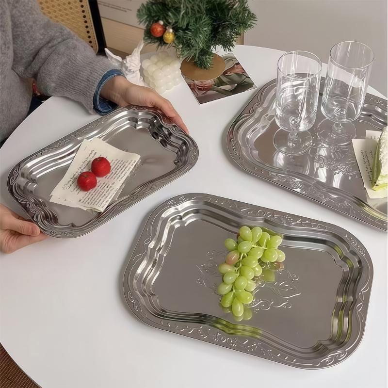 Elegant French Style Metal Tray Engraved Floral Pattern For Serving Snacks Fruits And Appetizers In Homes Or Restaurant