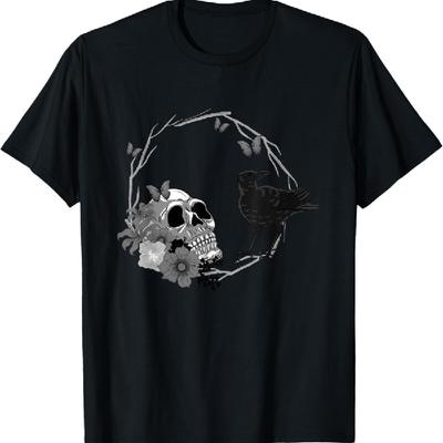 Floral Skull Death Crow Cool Scary Halloween Gothic Theme T-Shirt