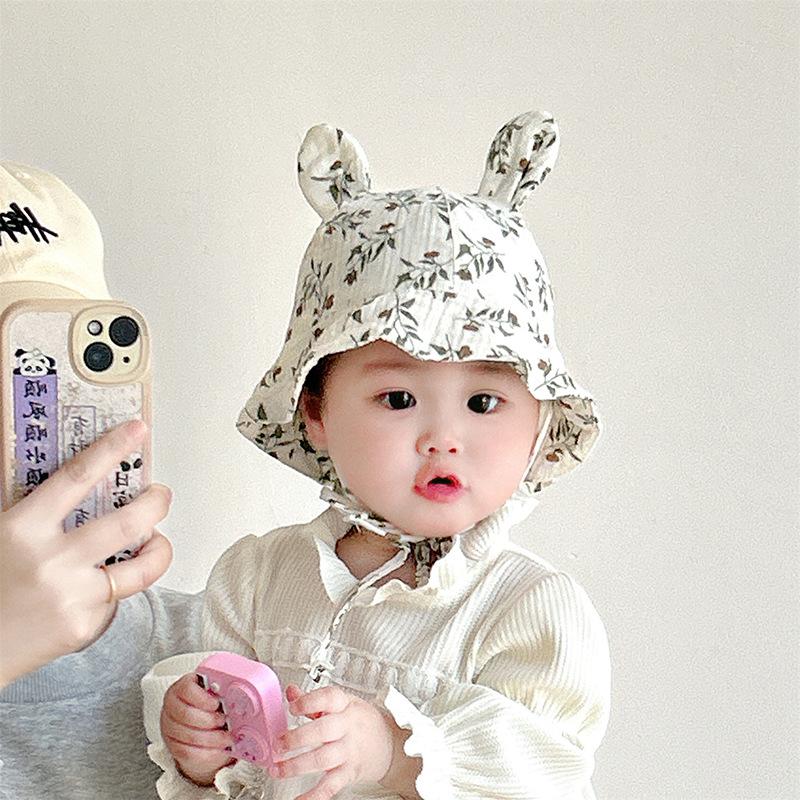 Baby Hat Spring and Autumn Small month old Cute Rabbit Ear Cotton Yarn Drawstring Hat Autumn Boy and Girl Super Cute Fisherman Hat