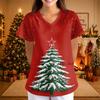Women's Christmas Print V-Neck Short Sleeve Uniform with Pockets Loose Fit