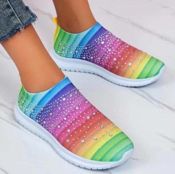 Women's Lightweight Breathable Mesh Elastic Casual Shoes Striped Rainbow Rhinestone Shoes