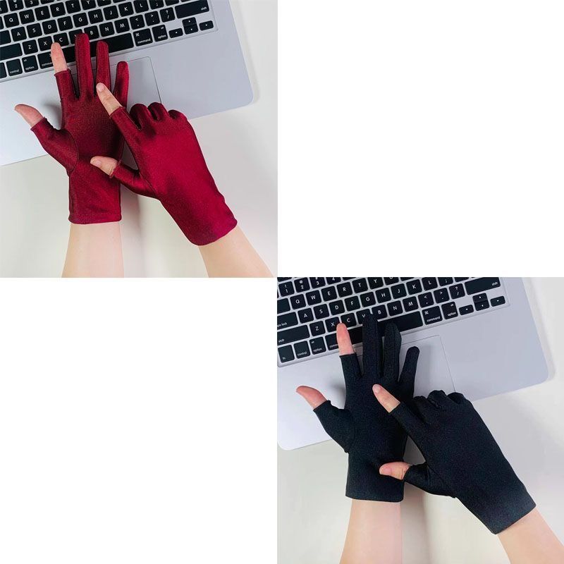 

Summer Thin Sun Protection Gloves Women Exposed Two Finger Thin Ice Silk Gloves Tea Picking Work Cycling Sun Protection Hand Guard Breathable Black + Wine Red (2 pairs) One size