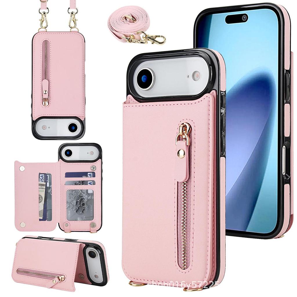 iPhone 17 Pro Max Crossbody Leather Wallet Case with Card Slots & Double Buckle Zipper