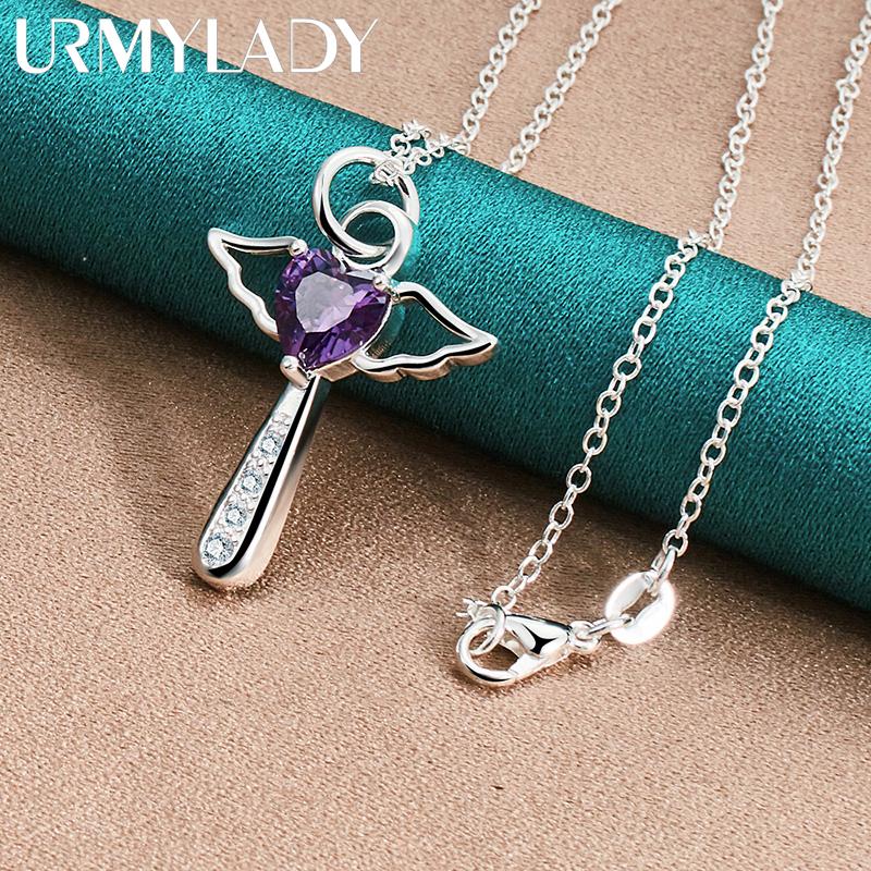 URMYLADY 925 Sterling Silber Lila AAAAA Zirkon Engel Kreuz Anhänger Halskette Für Frauen Hochzeit Charme Schmuck