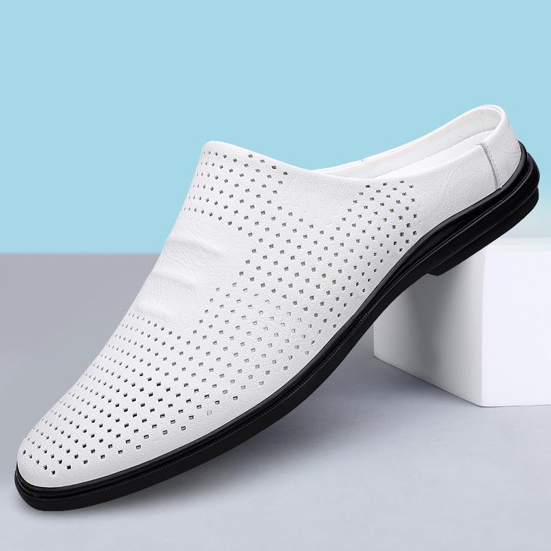 Men s Genuine Leather Backless Slippers - Breathable, Soft Sole, Lazy Style 42 белый полый