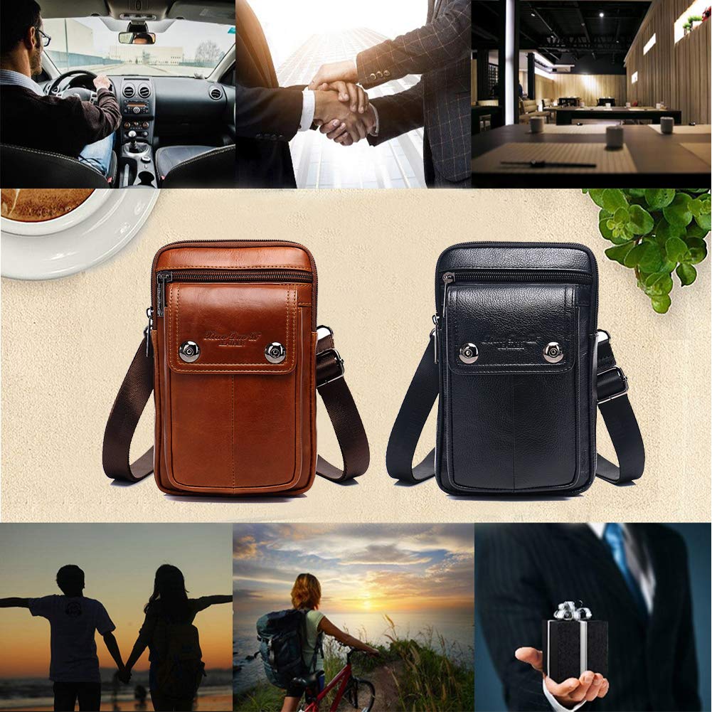 Ateng Mini Shoulder Bag with Smartphone Leather Belt Stylish Genuine Cowhide 5 Crossbody Style Men's Storage, Compact, Multifunctional, Outdoor,