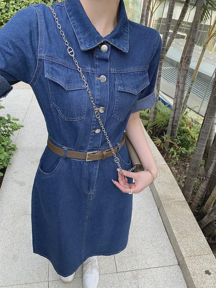 Real Shot Plus Size Denim Short-Sleeve Dress for Women - Summer Collection, Slimming Waist Design
