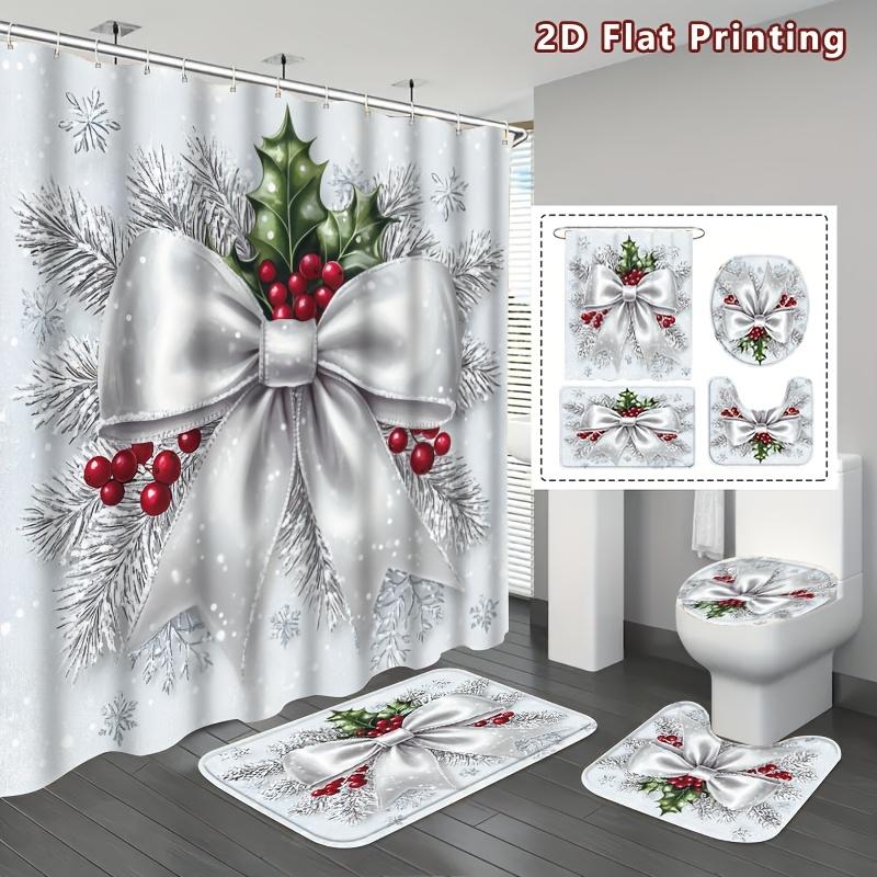 4Pcs 2D Flat Christmas Gift Shower Curtain Set with Non-Slip Bath Mat, Toilet Lid Cover, Contour Rug & 12 Hooks, Bathroom Decor