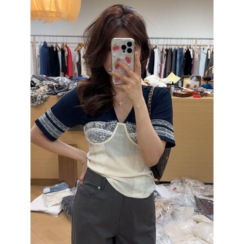 

Korean Series Chic Lace Stitching Short sleeve T-shirt Women 2025 Summer New Pure Desire Design Sense Niche Slim fit Top Blue S