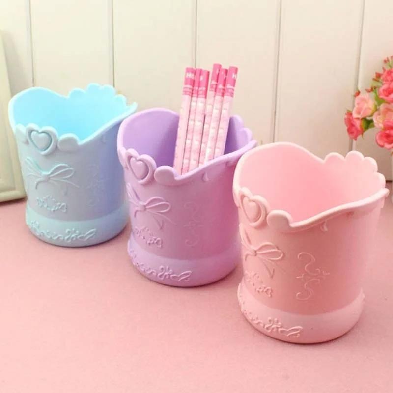 Cute Bow Pen Holder Candy Color Kawaii Pink Pencil Stationery Organizer Box Stand Container Home Makeup Brush Storage Bucket